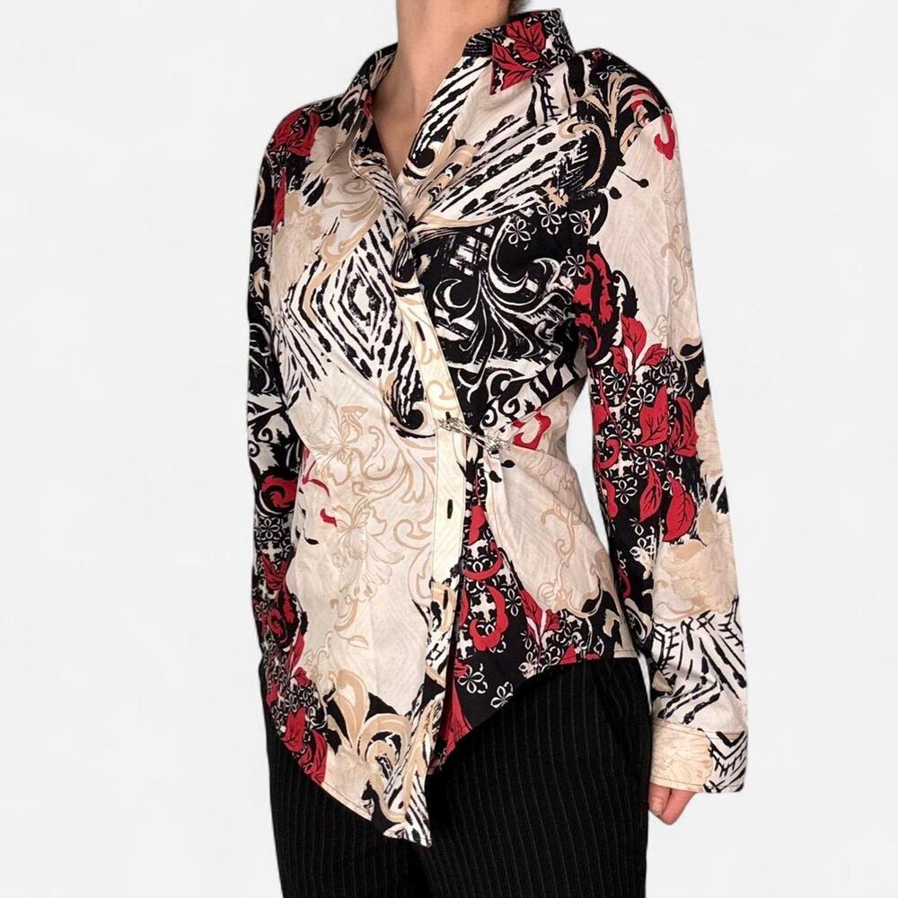 Chicos paisley graphic button up collared blouse black red floral print, size 3